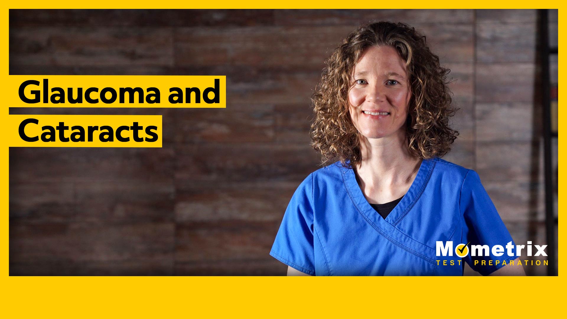 A healthcare professional in blue scrubs stands smiling. The text reads "Glaucoma and Cataracts" beside her. Mometrix Test Preparation logo is in the bottom right corner.