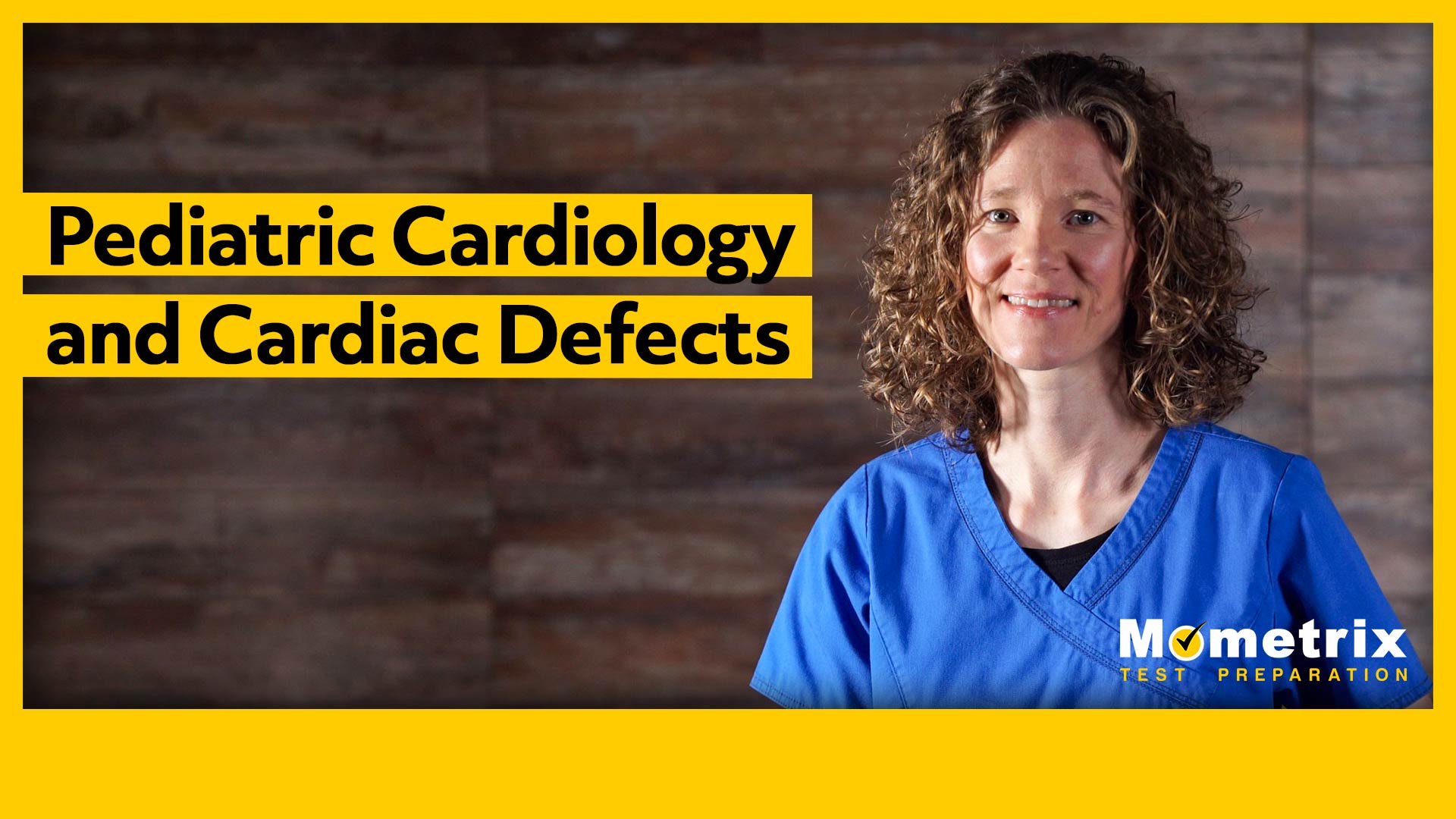 A person in blue scrubs stands next to the text "Pediatric Cardiology and Cardiac Defects" on a wooden background, alongside the Mometrix Test Preparation logo.