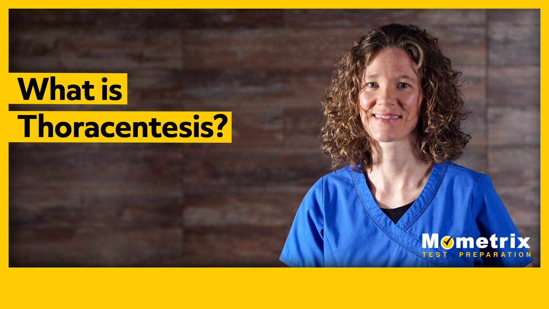 A woman in blue scrubs stands against a wooden background. The text on the left reads, "What is Thoracentesis?" The bottom right corner displays the Mometrix Test Preparation logo.