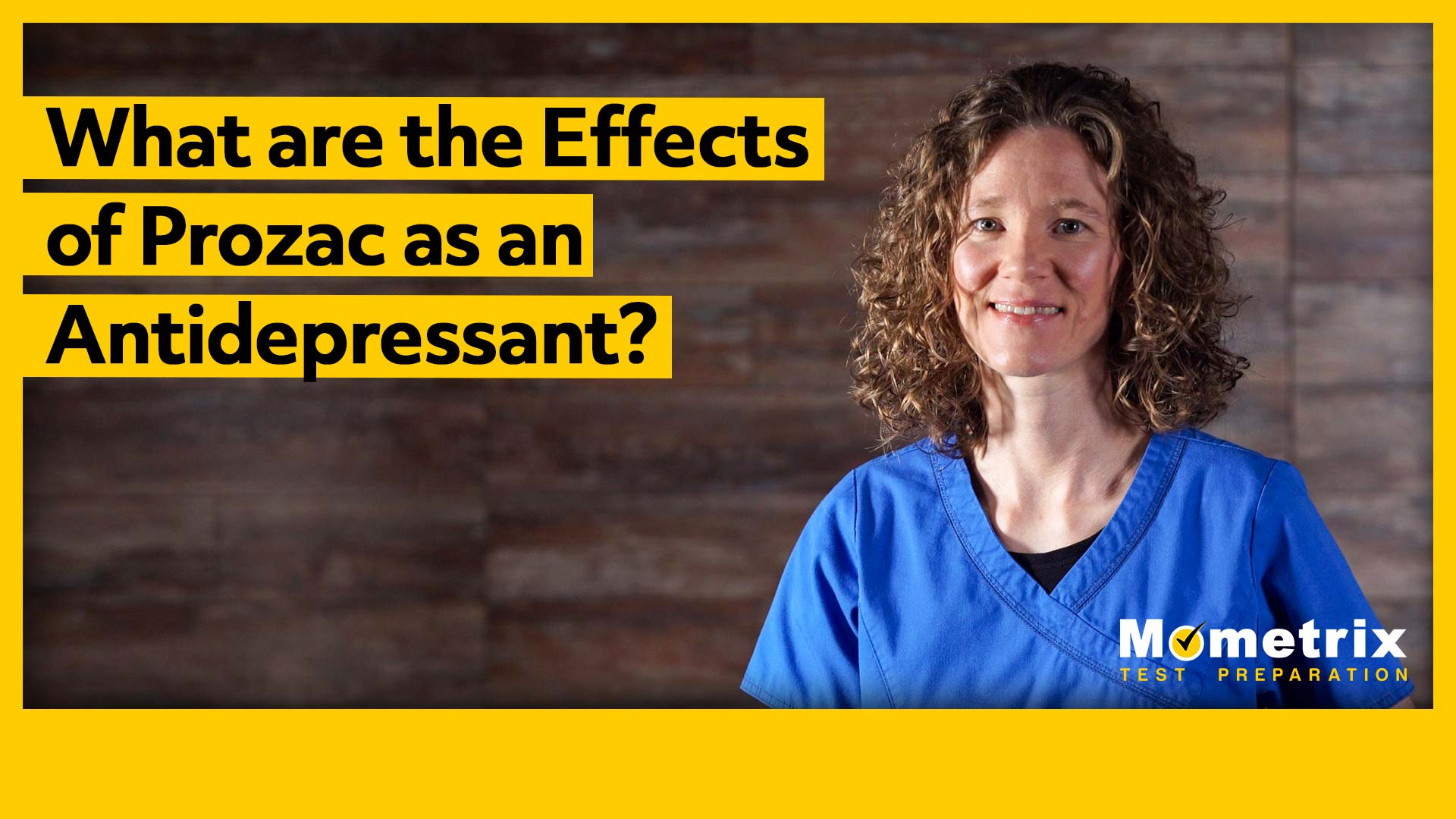 A person wearing a blue top stands in front of a background with text reading "What are the Effects of Prozac as an Antidepressant?" and "Mometrix Test Preparation" in the bottom corner.