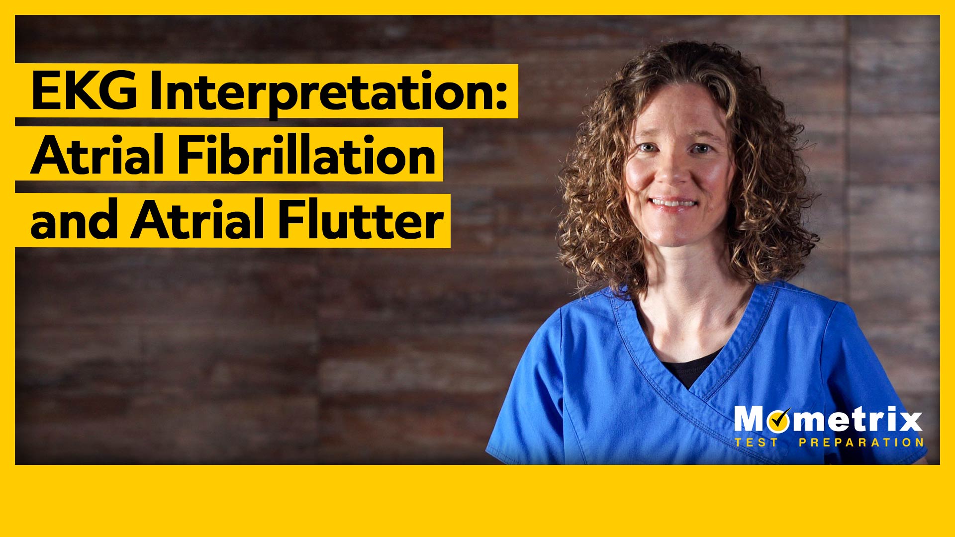 A healthcare professional in blue scrubs stands in front of a wooden background next to a text: "EKG Interpretation: Atrial Fibrillation and Atrial Flutter." Mometrix Test Preparation logo is at the bottom.