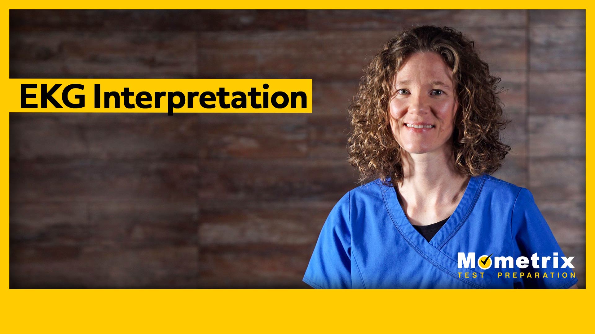 A person in blue scrubs stands in front of a wooden background. Text reads "EKG Interpretation" and "Mometrix Test Preparation" in the bottom right corner.