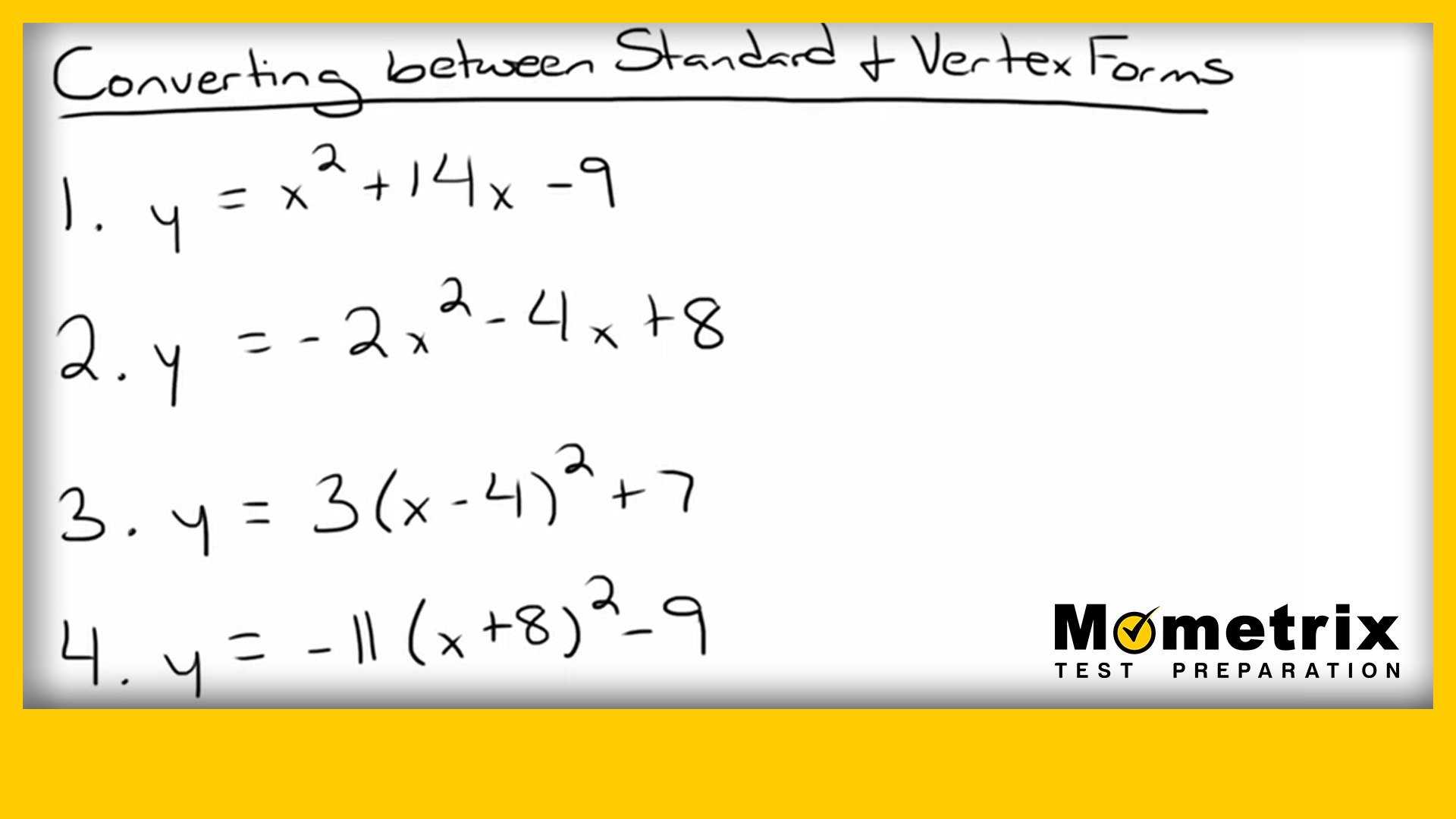 Handwritten math problems are shown titled, "Converting between Standard & Vertex Forms," with four equation pairs. A Mometrix Test Preparation logo is in the bottom right corner.