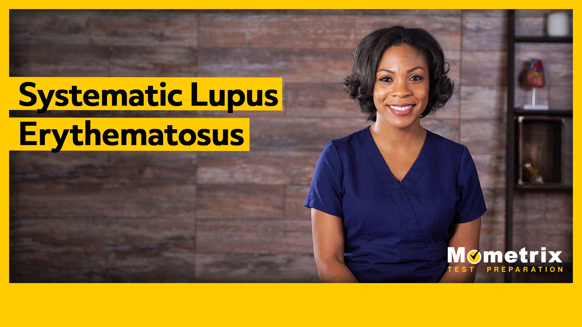 A woman in a blue scrubs uniform smiles at the camera. Text beside her reads "Systematic Lupus Erythematosus." The bottom corner displays the Mometrix Test Preparation logo.