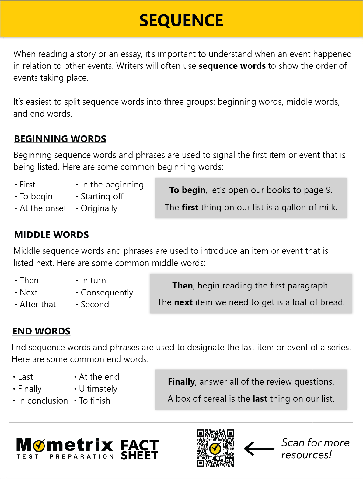 An infographic titled "Sequence" explains the use of sequence words in writing. It categorizes sequence words into beginning, middle, and end words, with examples and explanations for each.