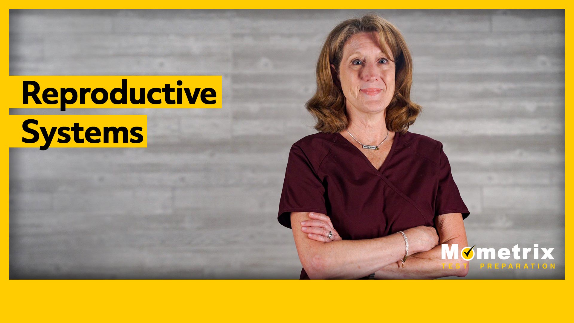 A woman in a maroon scrub top stands with folded arms against a gray background. Text on the image reads "Reproductive Systems." The logo "Mometrix Test Preparation" is in the bottom right corner.