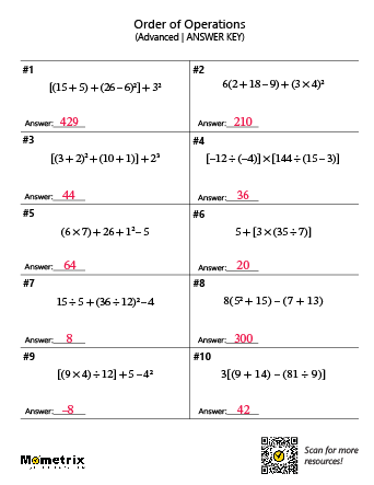 Order of Operations (Answer Key) Worksheet Preview