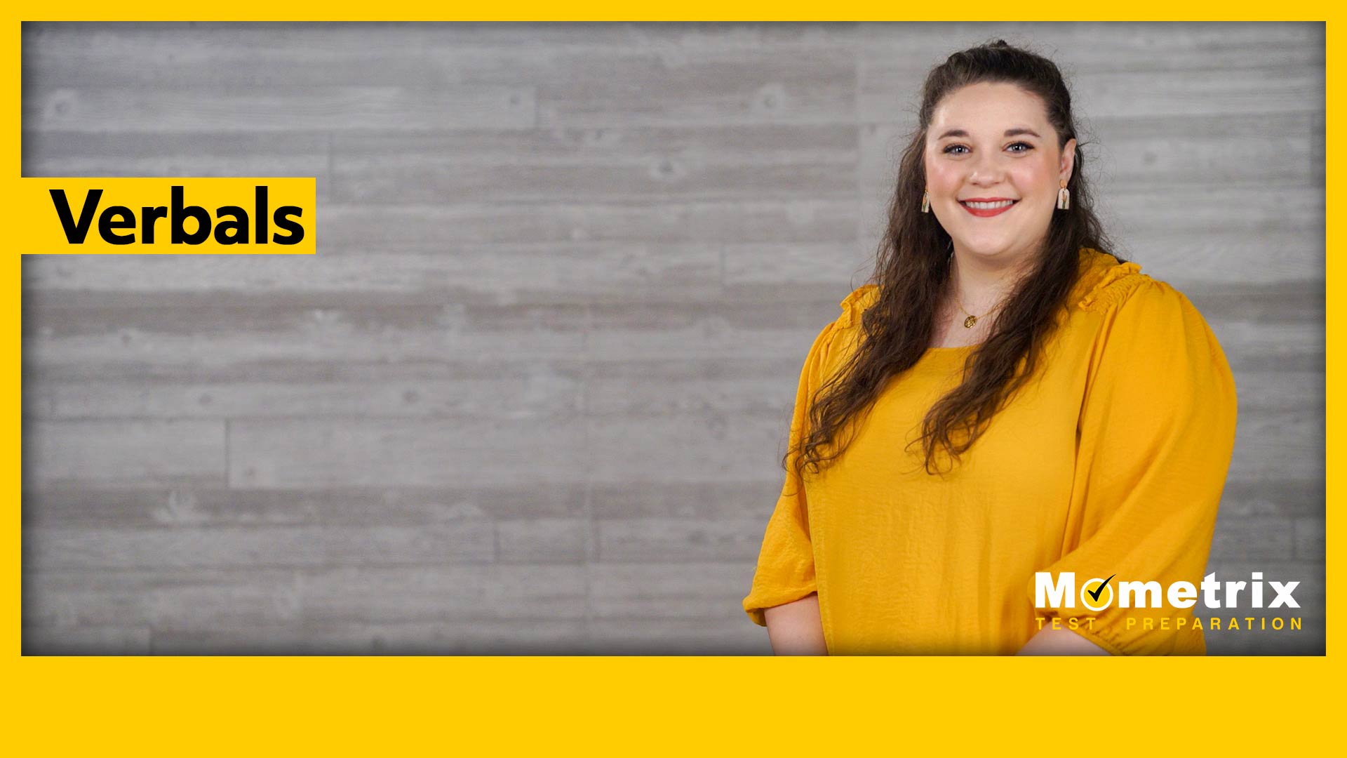 Woman in yellow blouse stands smiling next to the word "Verbals" on a grey background with yellow framing and the Mometrix Test Preparation logo at the bottom.