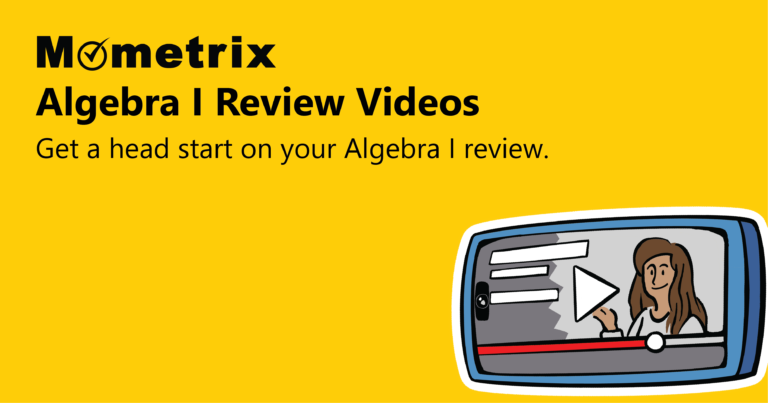 Yellow banner featuring the text "Mometrix Algebra I Review Videos" and "Get a head start on your Algebra I review" next to an illustration of a person on a computer screen with a play button.