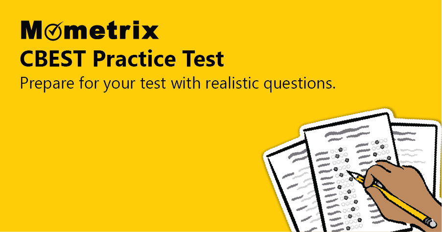 Mometrix CBEST Practice Test advertisement featuring a hand holding a pencil, answering questions on a test sheet, with the text "Prepare for your test with realistic questions.