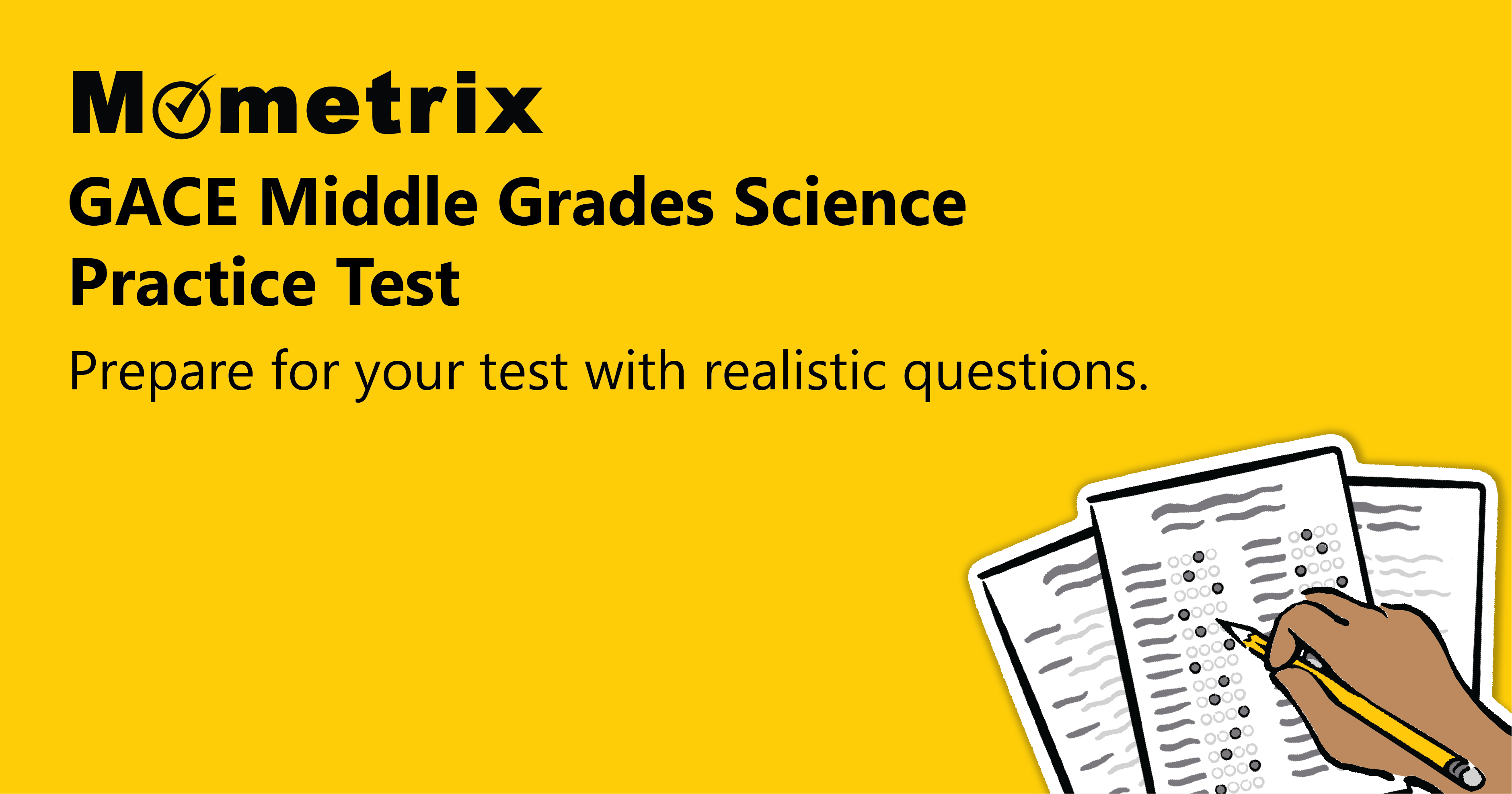 Yellow banner promoting the Mometrix GACE Middle Grades Science Practice Test with an image of hand writing on papers.