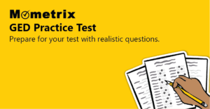 Yellow banner with "Mometrix GED Practice Test" text, stating, "Prepare for your test with realistic questions." A hand is filling in answers on multiple-choice test sheets.