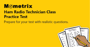 Yellow background with "Mometrix Ham Radio Technician Class Practice Test" text and an illustration of a hand holding a pencil over multiple choice test papers.