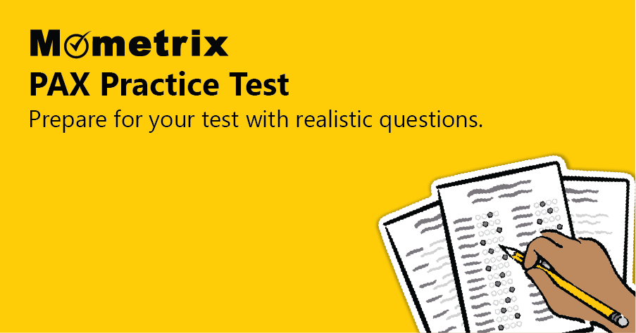 Yellow banner displaying "Mometrix PAX Practice Test" followed by "Prepare for your test with realistic questions." Illustration shows a hand filling out a multiple-choice test sheet.