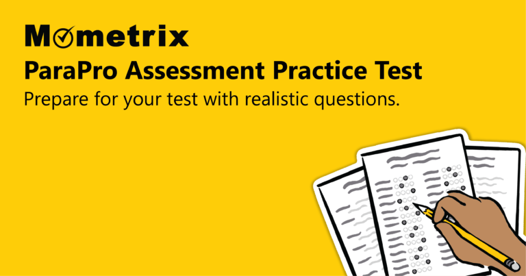 Image showing the Mometrix ParaPro Assessment Practice Test cover. A hand is filling out multiple-choice answers on a test sheet. Text reads: "Prepare for your test with realistic questions.