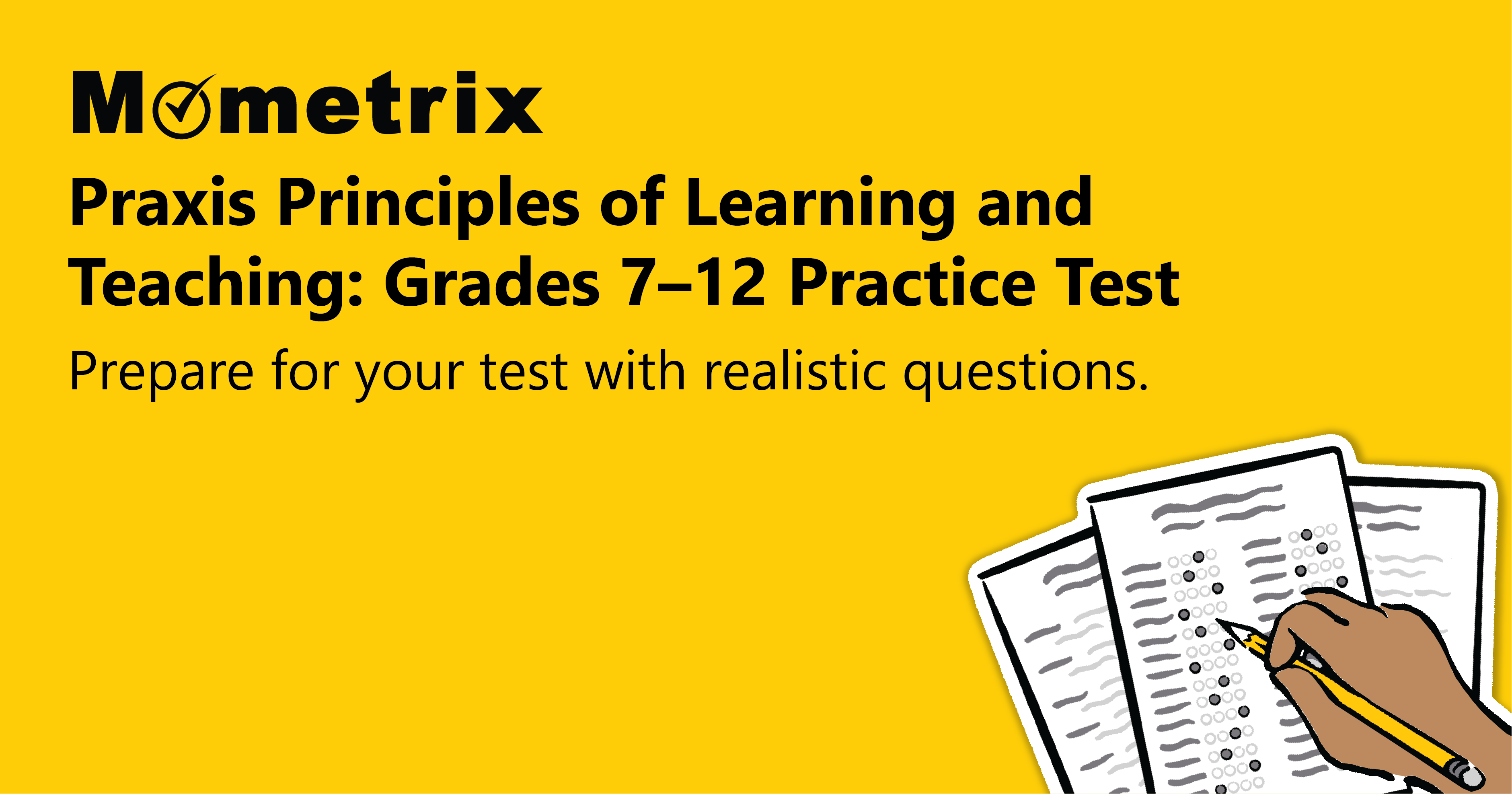 A yellow banner with the text "Mometrix Praxis Principles of Learning and Teaching: Grades 7-12 Practice Test. Prepare for your test with realistic questions" alongside an illustration of practice test papers.