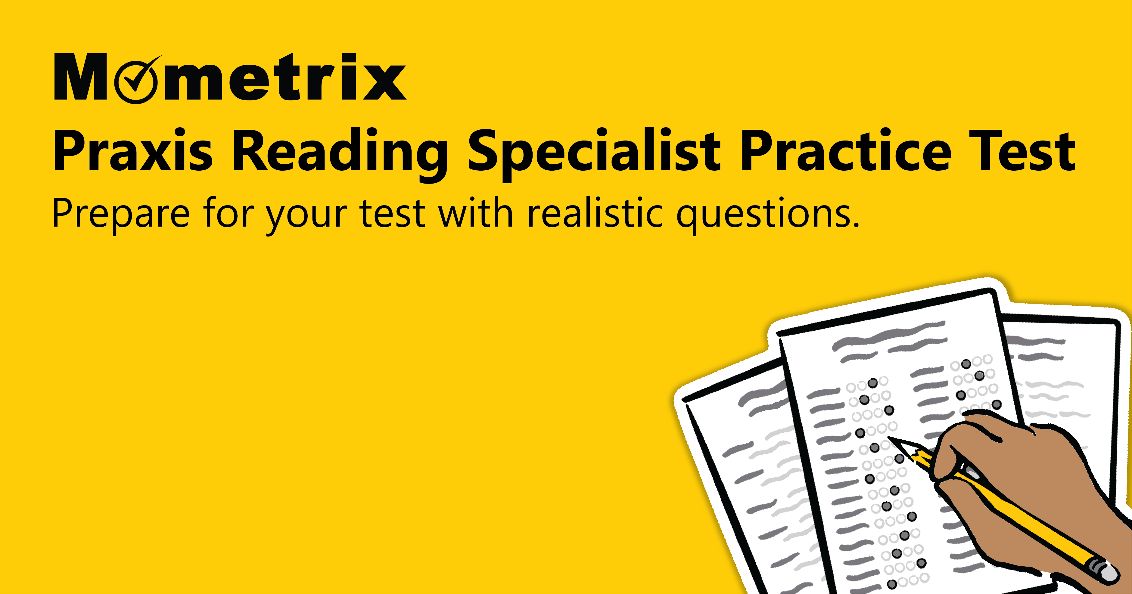 Advertisement for Mometrix Praxis Reading Specialist Practice Test with an image of a hand filling out a multiple-choice test sheet. Text reads: "Prepare for your test with realistic questions.