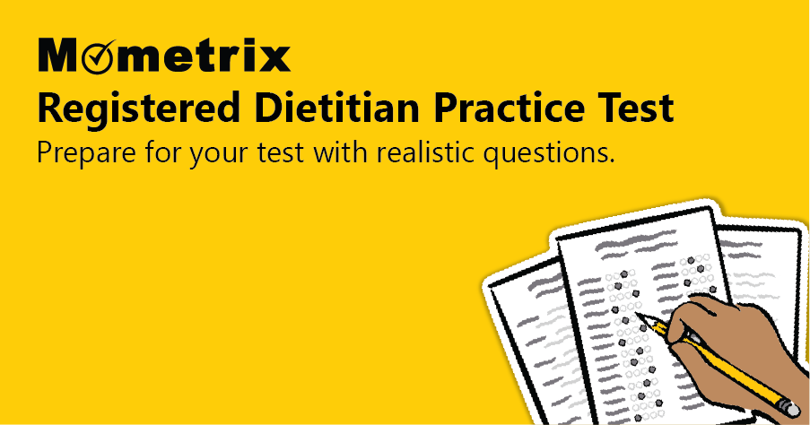 Yellow poster for Mometrix Registered Dietitian Practice Test, showing a hand filling out a test with a pencil. Text: "Prepare for your test with realistic questions.