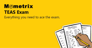 Illustration of a person filling out a multiple-choice answer sheet with the text "Mometrix TEAS Exam - Everything you need to ace the exam" on a yellow background.