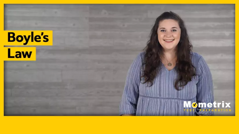 A person with long dark hair wearing a blue blouse stands in front of a gray background. The image has yellow borders, and text reads "Boyle's Law" and "Mometrix Test Preparation.