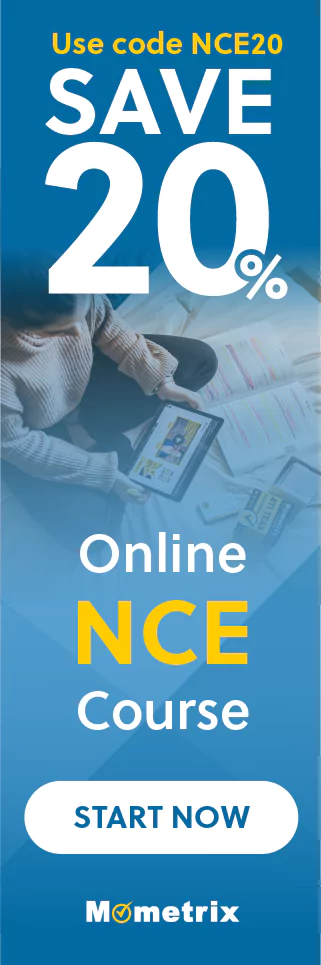 Click here for 20% off of Mometrix NCE online course. Use code: SNCE20