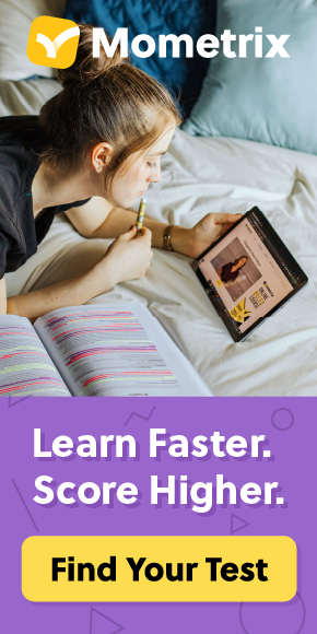 A person lies on a bed studying from a tablet with a highlighter. The text reads: "Mometrix. Learn Faster. Score Higher. Find Your Test.