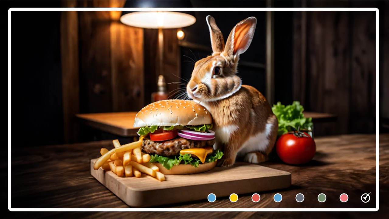 A rabbit sits next to a cheeseburger and fries on a wooden board, with a lamp and vegetables in the background.