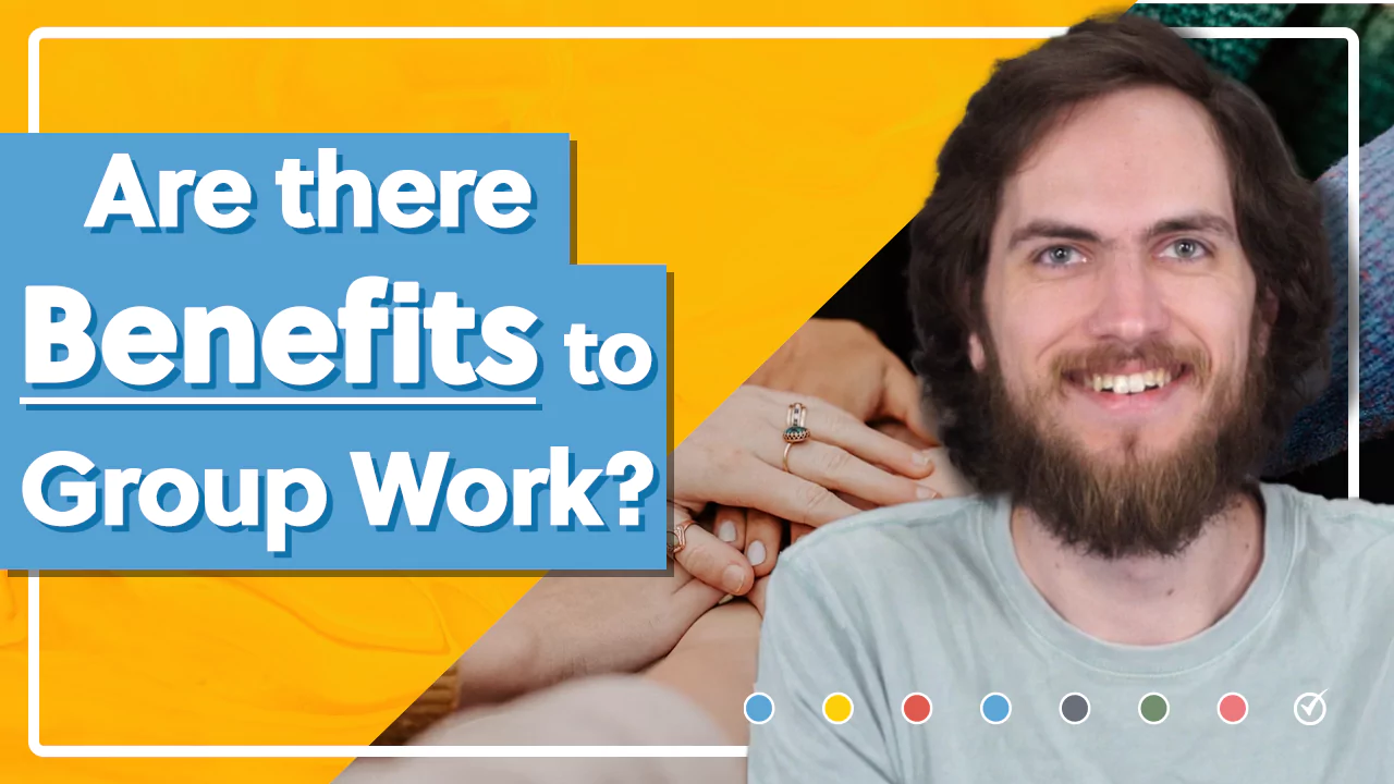 A person with a beard is smiling in front of a background displaying the text "Are there benefits to group work?" and an image of hands joined together.