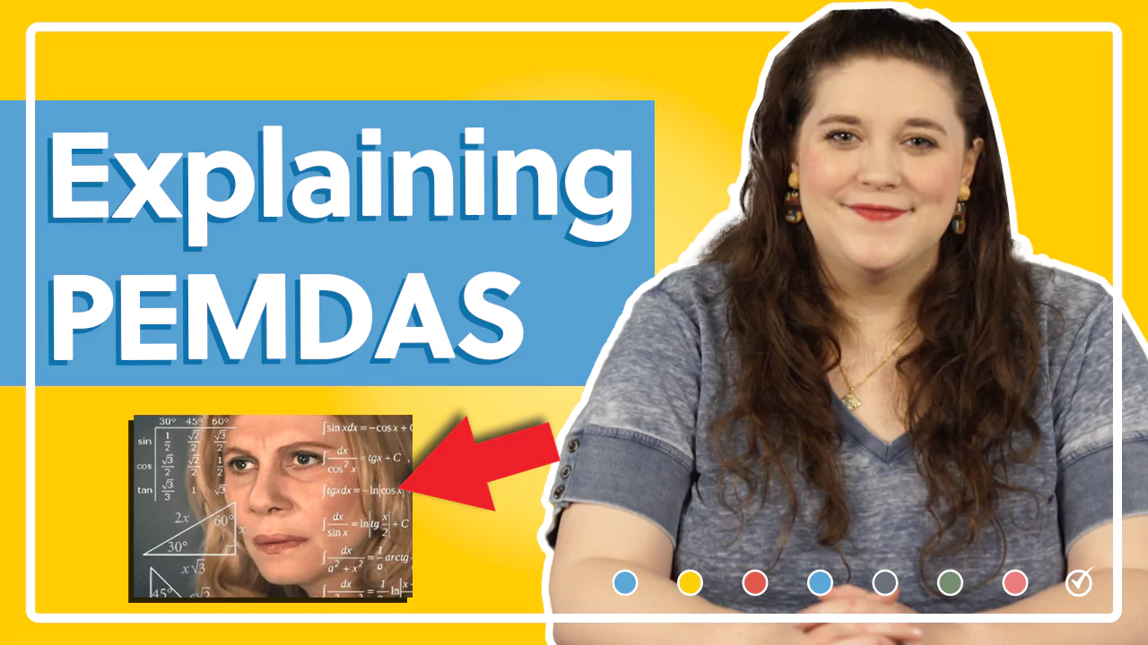 A woman sits at a table beside a graphic titled "Explaining PEMDAS." An inset of a perplexed face overlaid with mathematical symbols is indicated by a red arrow.