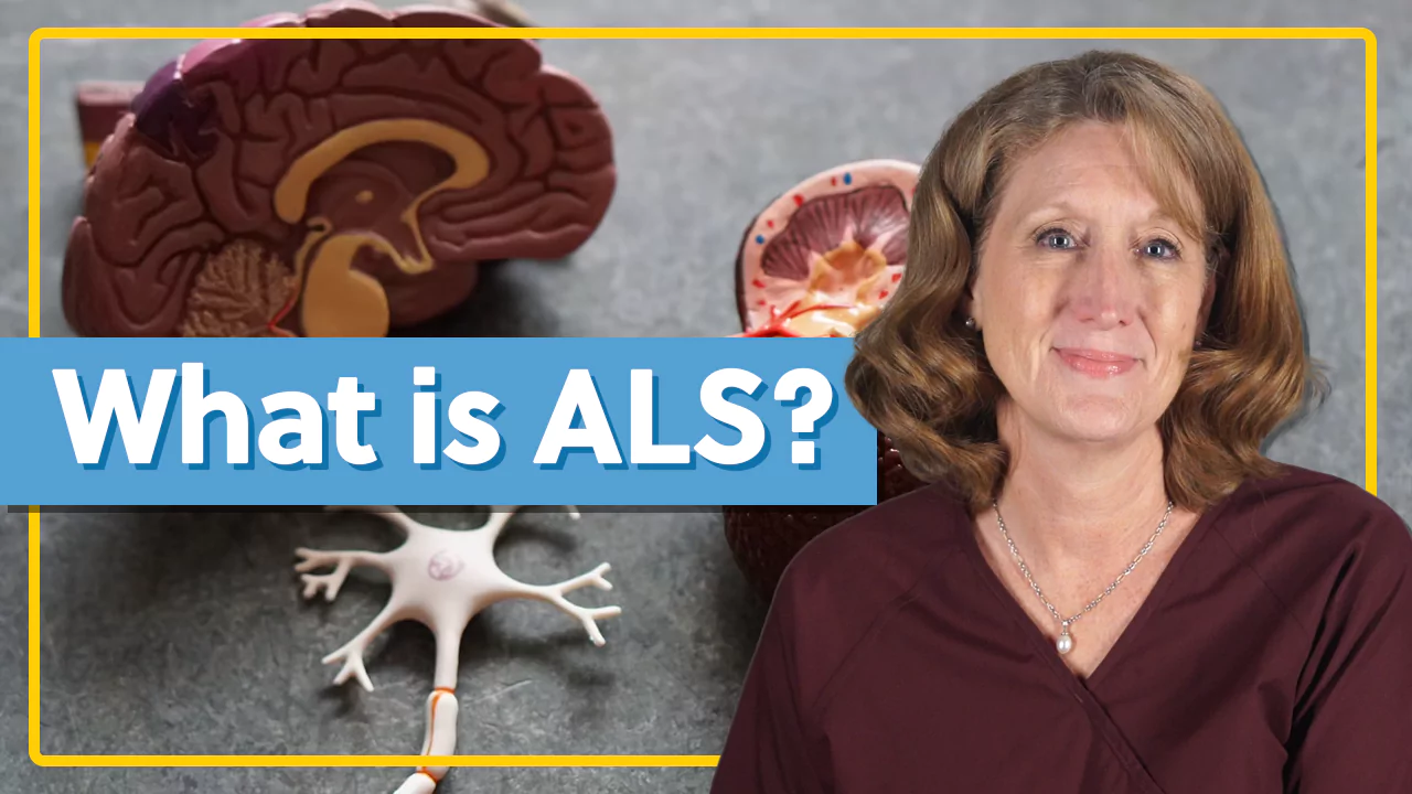 A woman stands in front of images of a brain cross-section, a neuron, and a spinal cord. Text on the image asks, "What is ALS?.