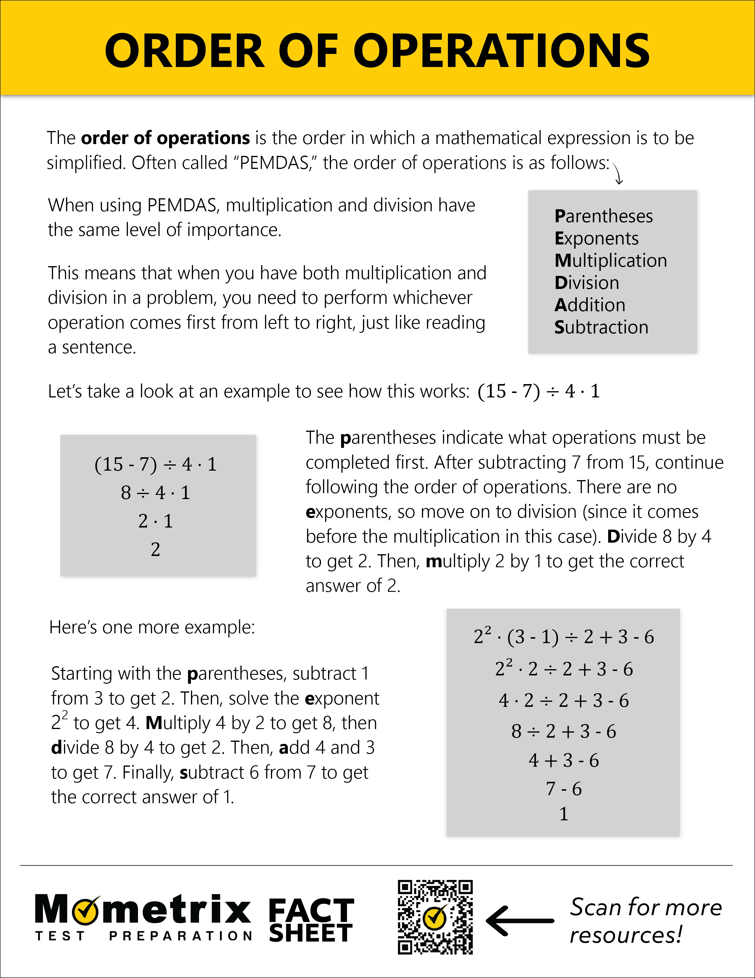 Infographic explaining the order of operations (PEMDAS) with examples, including addition, subtraction, multiplication, and division steps. Featured text: "ORDER OF OPERATIONS," Mometrix logo, QR code.