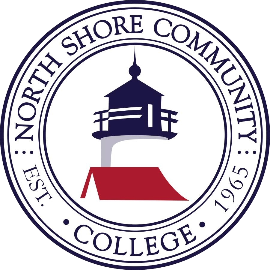 Logo of North Shore Community College featuring a lighthouse on a red roof with the text "North Shore Community College Est. 1965" encircling it.