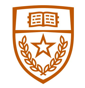 Orange and white shield with an open book at the top, a star in the center, and laurel branches encircling the star.