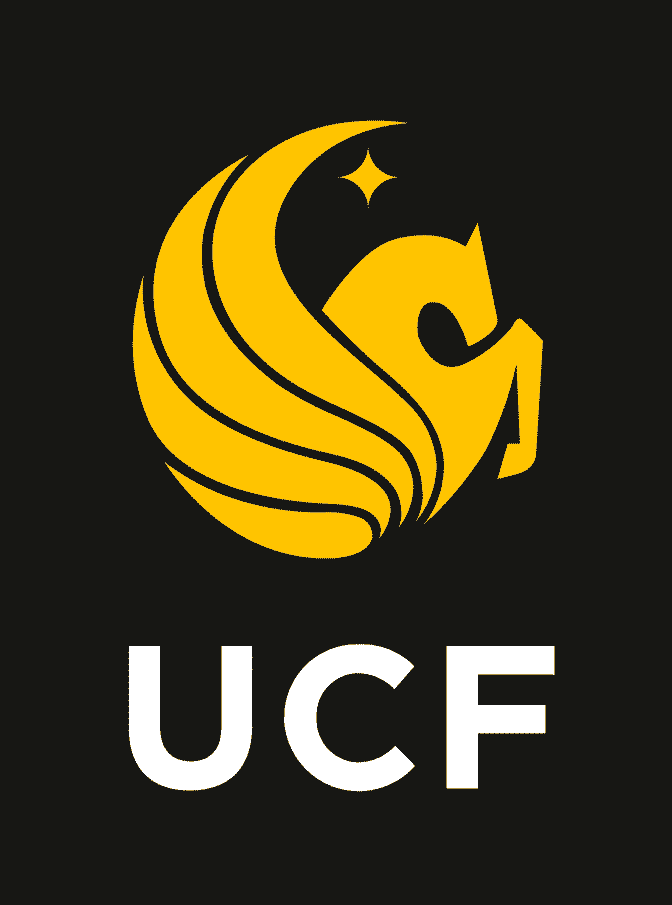 Logo of the University of Central Florida with a stylized golden Pegasus and the letters "UCF" in white, set against a black background.