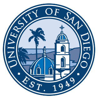 The logo of the University of San Diego, established in 1949, featuring a domed building, a bell tower, and palm trees within a circular blue emblem.