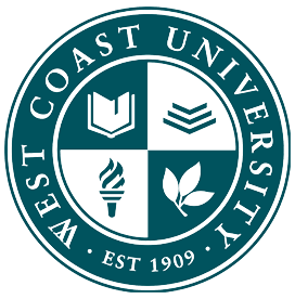 A teal-colored emblem of West Coast University featuring four symbols: an open book, stacked books, a torch, and a branch, with "West Coast University, Est 1909" written around the edge.