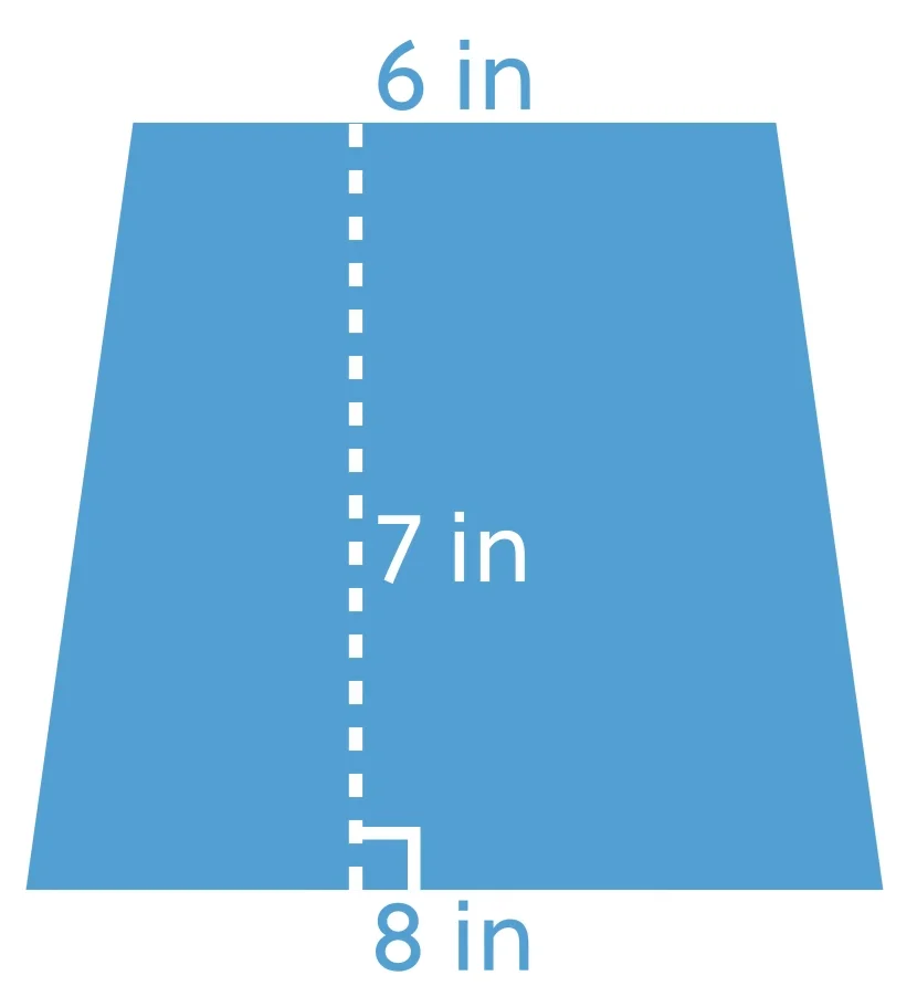 A blue trapezoid with a height of 7 inches, top side 6 inches, and bottom side 8 inches.