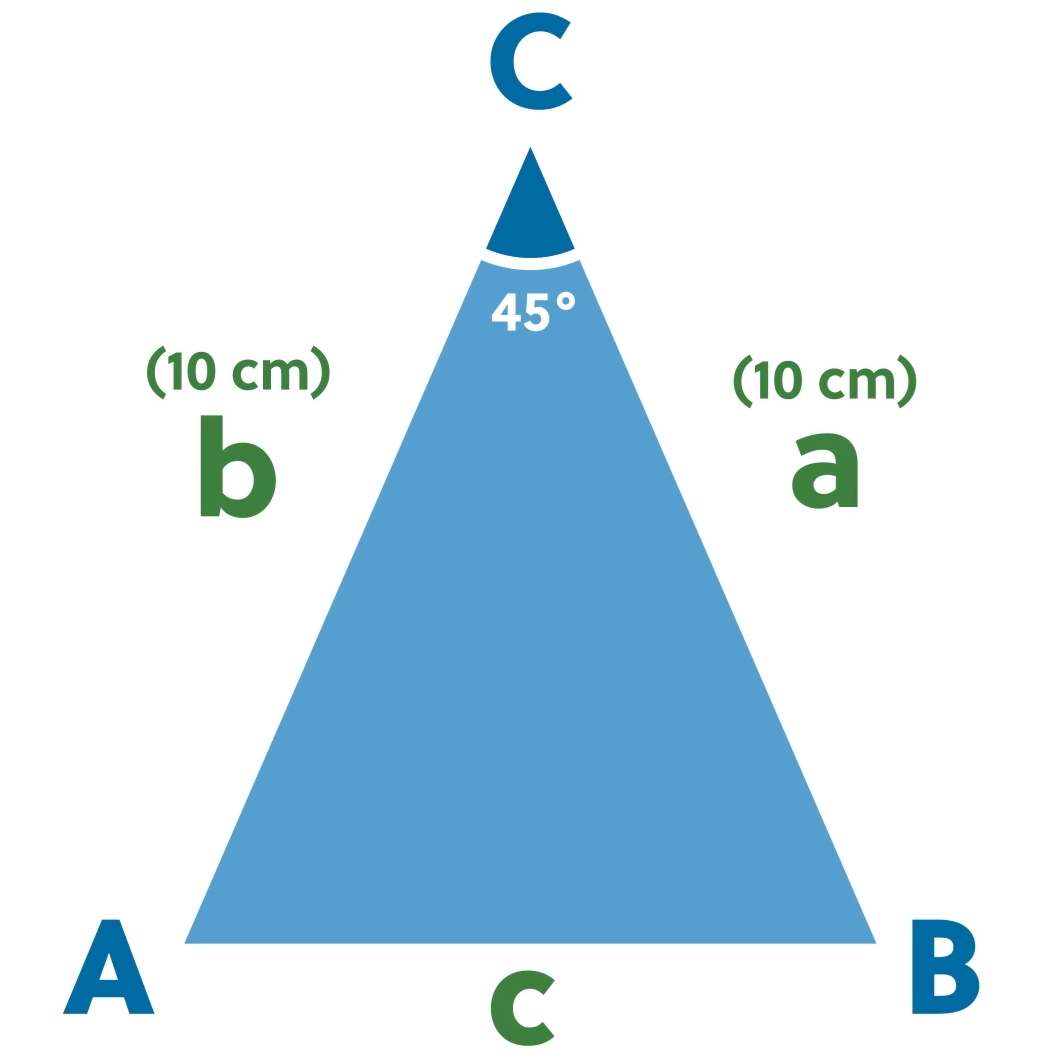 Isosceles triangle with angles labeled: 45° at vertex C. Sides AB is labeled c, AC is labeled b (10 cm), and BC is labeled a (10 cm).