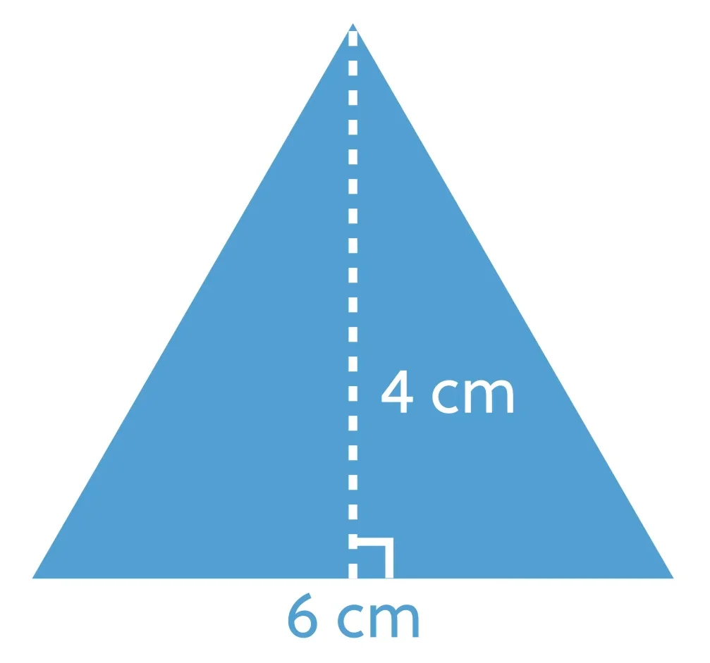 Blue triangle with a base of 6 cm and a height of 4 cm, marked with a dashed line and a right angle.