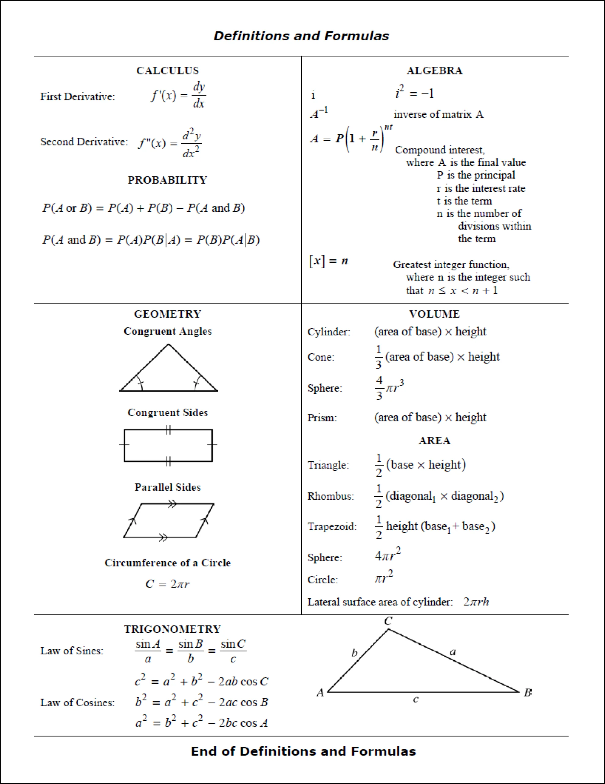 Page displaying mathematical definitions and formulas for calculus, algebra, probability, geometry, volume, surface area, and trigonometry, with diagrams and equations.