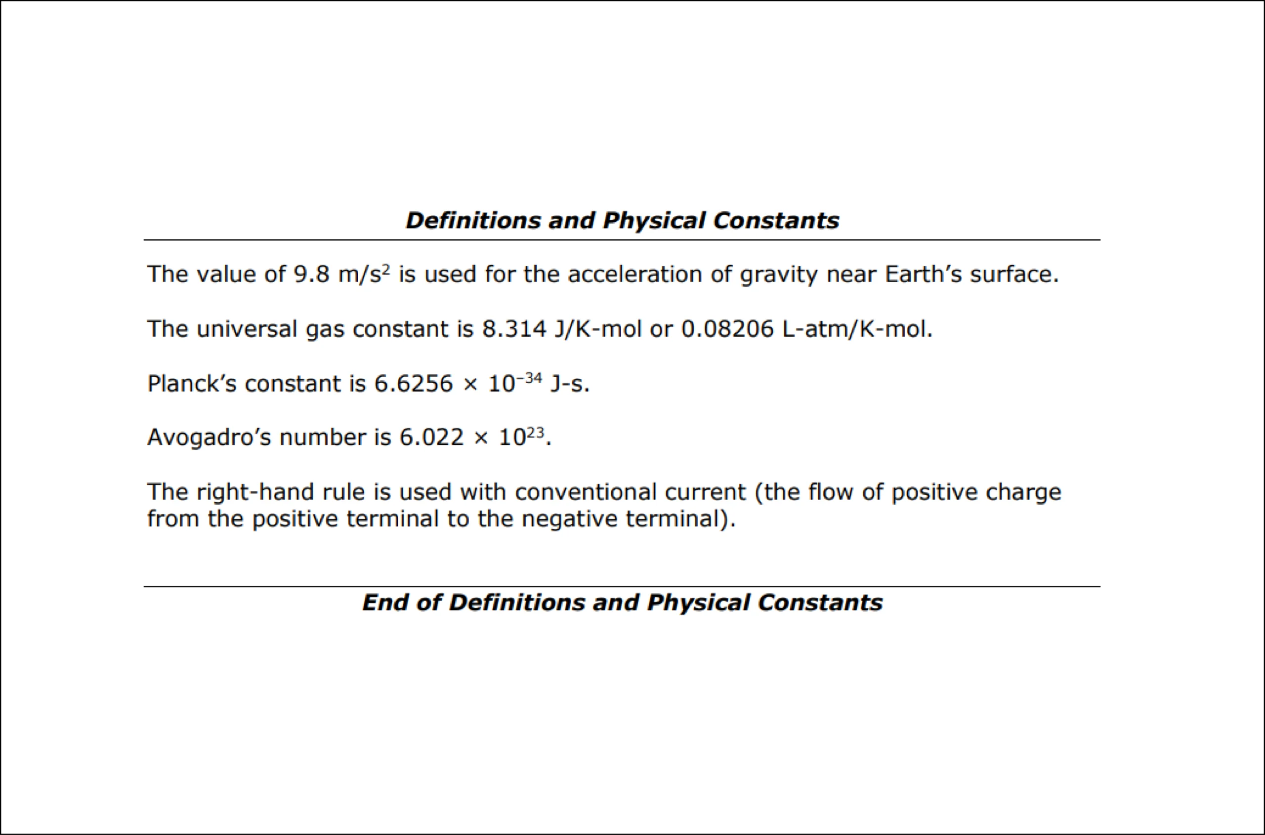 A document listing definitions and physical constants, including gravity, gas constant, Planck's constant, Avogadro's number, and the right-hand rule.