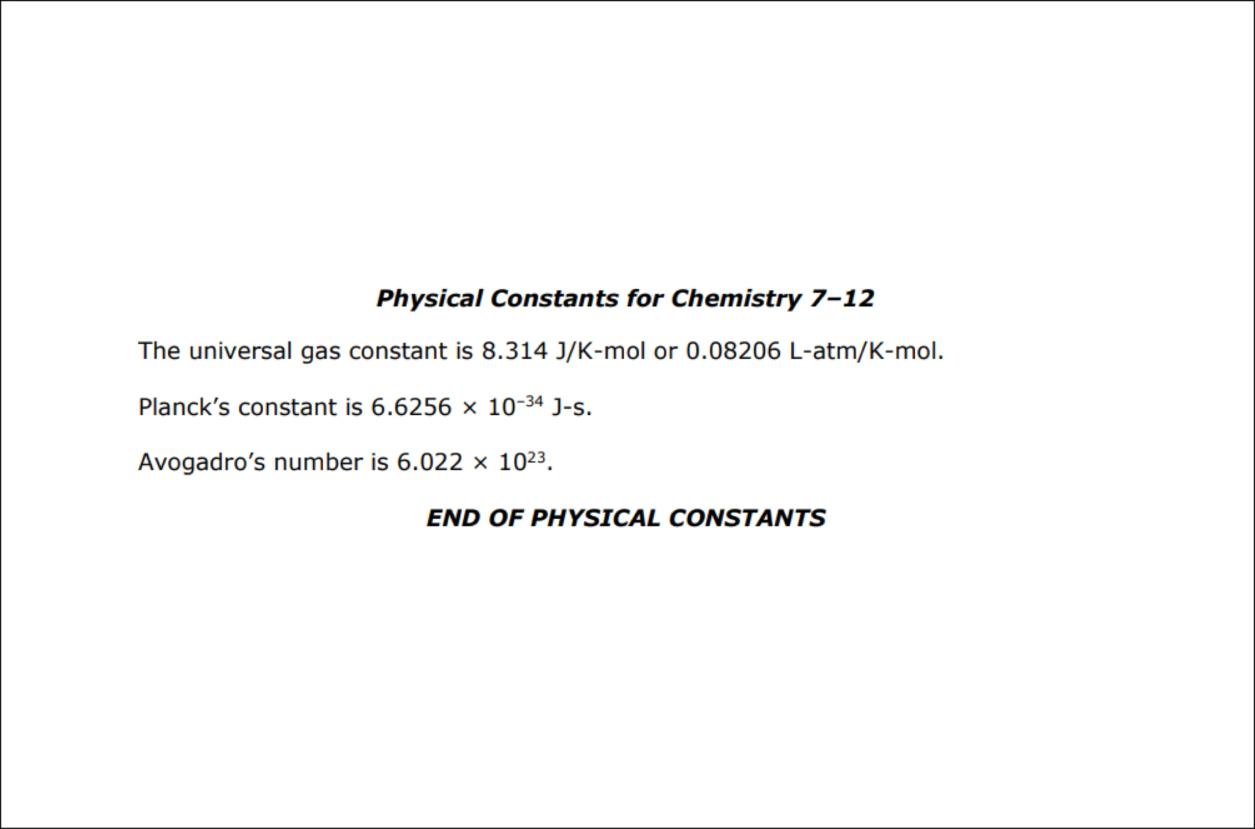 A document listing definitions and physical constants, including gravity, gas constant, Planck's constant, Avogadro's number, and the right-hand rule.