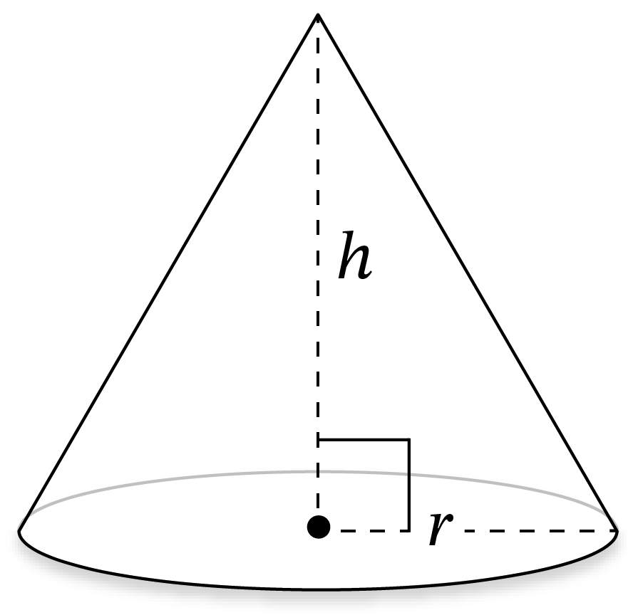 A geometric diagram of a cone with height 'h' and radius 'r', showing the dimensions in dashed lines and right angle notation at the base.