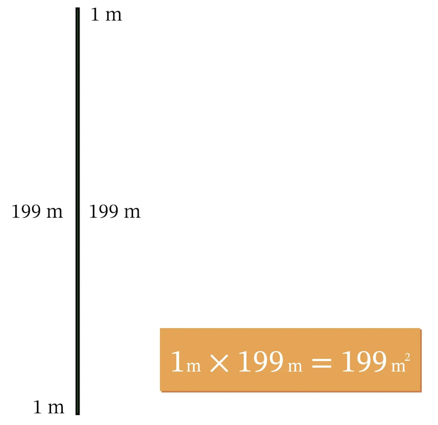 Diagram showing a long vertical line labeled "199 m" and a short horizontal line labeled "1 m," forming an L shape. A box displays the equation "1 m × 199 m = 199 m².