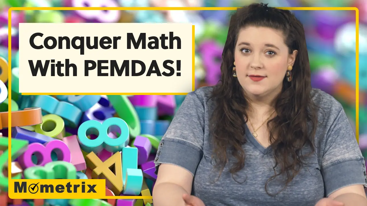 Person in front of colorful numbers with text "Conquer Math With PEMDAS!" and "Mometrix" logo.