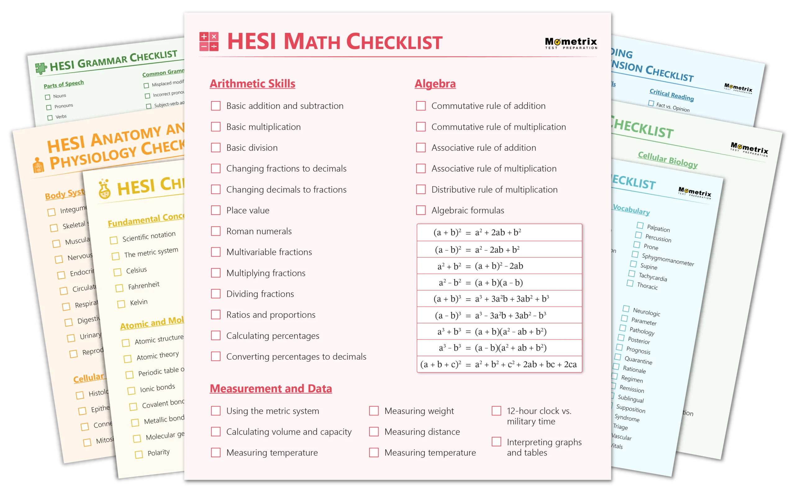 A selection of HESI Exam checklists focusing on math, anatomy, physiology, grammar, chemistry, biology, and more, displayed in an organized layout with checkboxes and topics.