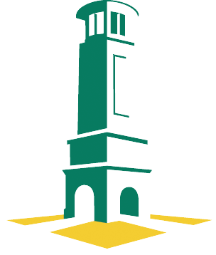 Illustration of a green tower with arches on a yellow base, viewed from below.