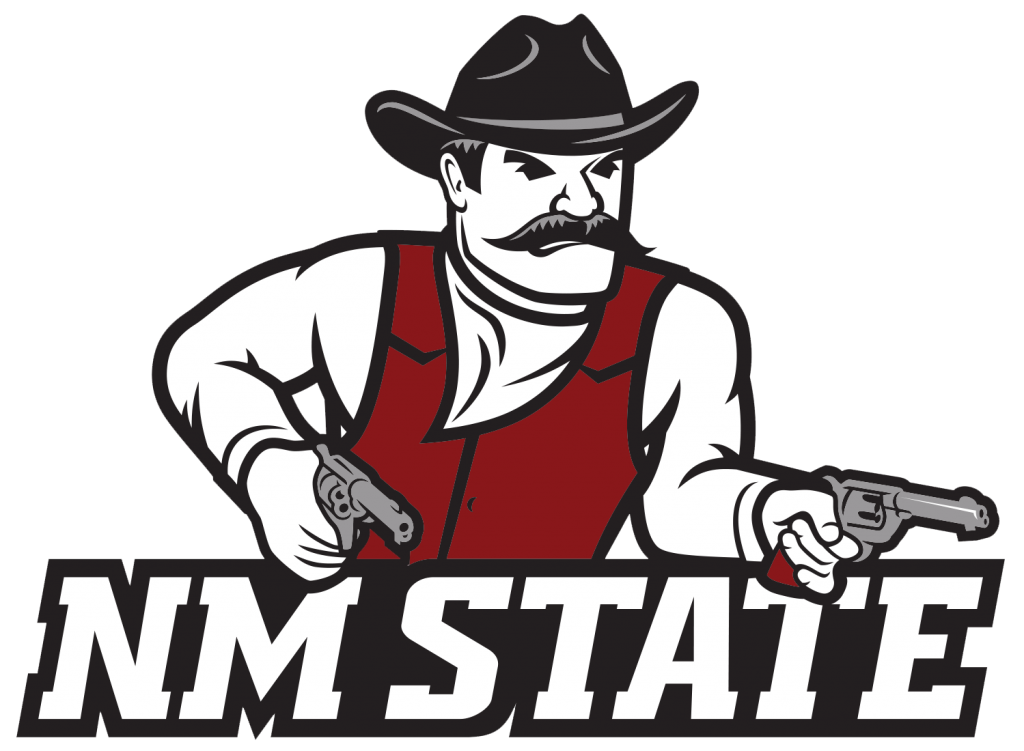 Illustration of a Western-themed mascot with a mustache and cowboy hat, holding two pistols. Below, the text reads "NM STATE" in bold letters.