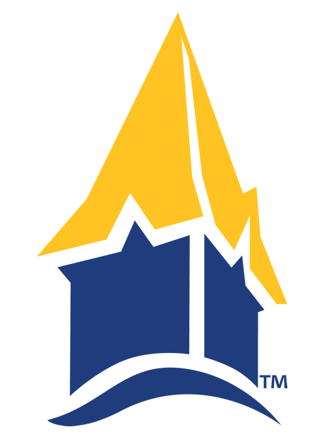 A stylized logo of a blue house with a yellow, angular roof design on a white background.