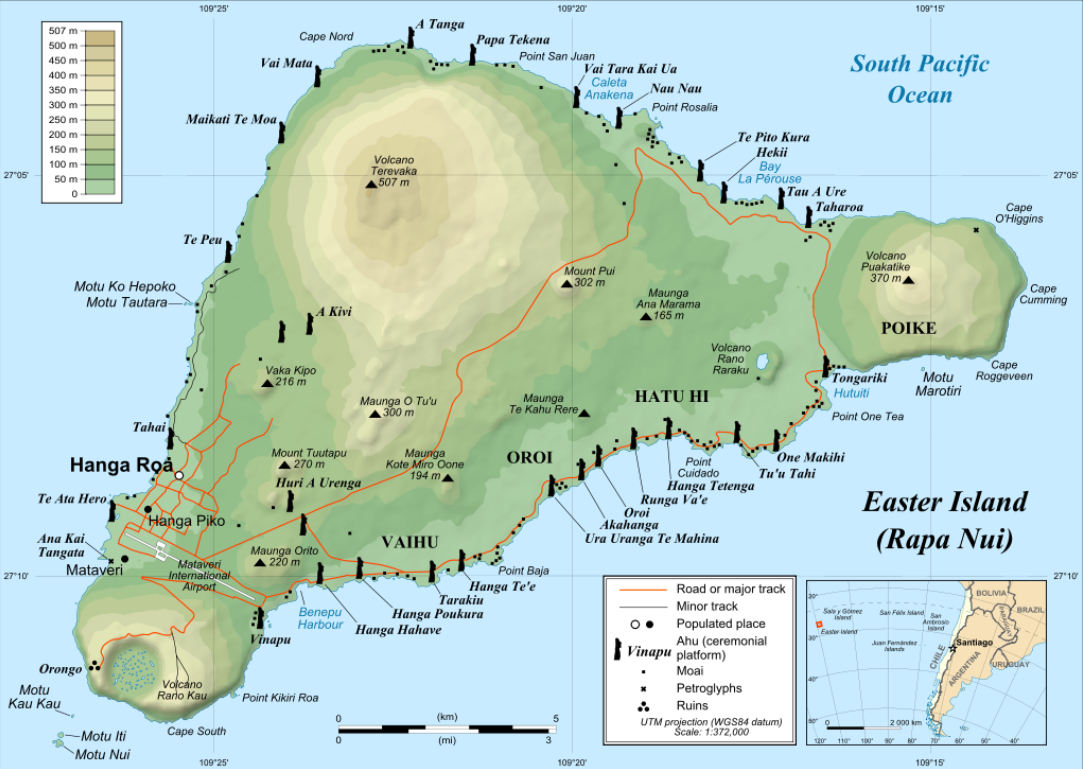 Topographic map of Easter Island (Rapa Nui) showing elevation, roads, archaeological sites, towns, and geographic features, with a small inset map showing its location off the coast of South America.